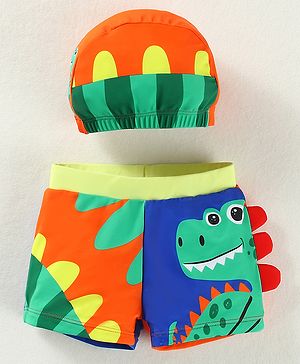 Babyhug Swimming Trunk & Cap with Dino Print - Green & Orange