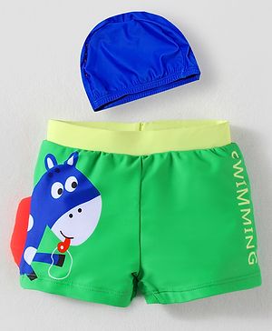Babyhug Swimming Trunk & Cap with Horse Print - Green