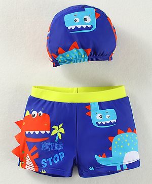 Babyhug Swimming Trunks & Cap with Dino Print - Blue