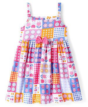 Babyhug Single Jersey Knit Sleeveless Dress With Fruit & Floral Print & Bow Applique - Multicolor