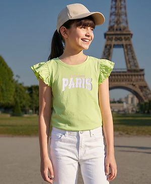 Pine Kids Cotton Knit Frill Sleeves Top with Paris Text Print - Light Green