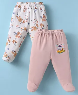 Ben Benny 100% Cotton Knitted Full Length Bootie Leggings with Floral Print Pack of 2 - White & Pink