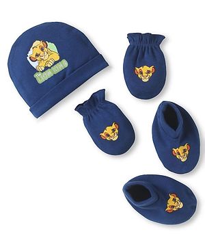 Babyhug Disney Interlock Knit Caps Mittens & Booties with Simba Graphics - Navy Blue