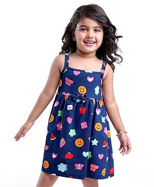 Babyhug Single Jersey Knit Singlet Frock with Floral & Heart Print Bow Applique - Navy Blue