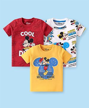 Babyhug Disney Single Jersey Knit Half Sleeves T-Shirts with Mickey Mouse Graphics Pack of 3- White Yellow & Red