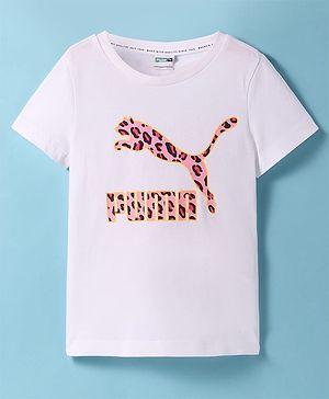PUMA Cotton Knit Half Sleeves T-Shirt with Brand Logo Print - White