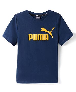 PUMA Cotton Knit Half Sleeves T-Shirt with Brand Logo Print - Blue