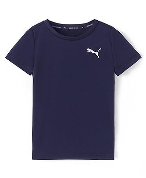 PUMA Knit Half Sleeves T-Shirt with Brand Logo Print - Navy Blue