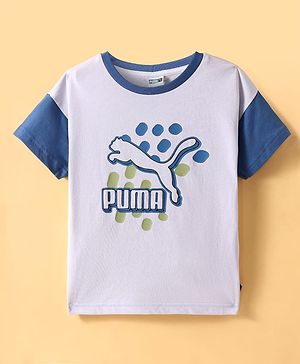 PUMA Cotton Knit Half Drop Shoulder Sleeves T-Shirt with Brand Logo Print - White
