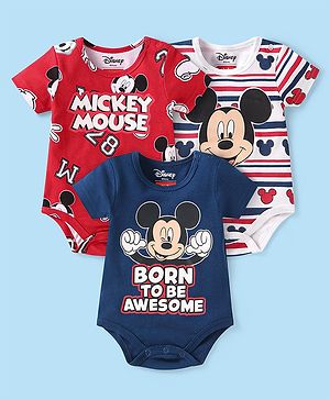 Babyhug Disney Interlock Knit Half Sleeves Onesies with Mickey Mouse Graphics & Stripes Pack of 3 - White Red & Navy Blue