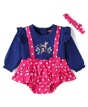 Babyhug Interlock Knit Full Sleeves Onesie With Deer & Polka Dot Print & Headband - Navy Blue & Dark Pink