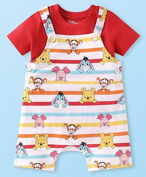 Babyhug Disney Single Jersey Knit Dungaree & Half Sleeves T-Shirt with Winnie & Friends Graphic - Red