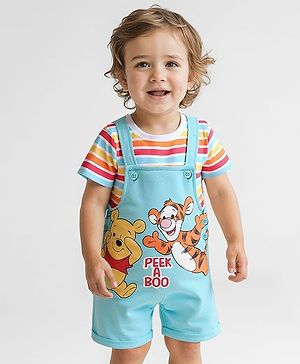 Babyhug Disney Single Jersey Knit Dungaree & Half Sleeves Striped T-Shirt with Winnie & Friends Graphic - Light Blue