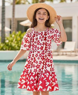 Pine Kids Rayon Woven Half Cold Shoulder Sleeves Frock with Floral Print - Red