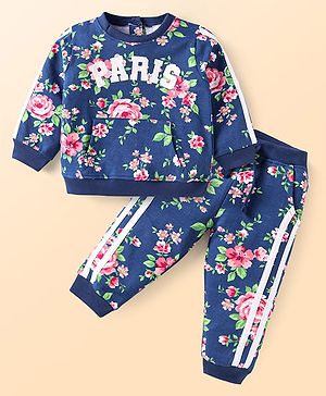 Babyhug Terry Knit Full Sleeves T-Shirt & Lounge Pant Set with Floral Print & Tape Detailing - Navy Blue