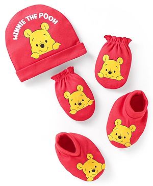 Babyhug Interlock Knit Cap Mittens And Booties with Winnie The Pooh Graphic - Red