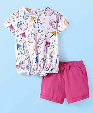 Babyhug Single Jersey Knit Half Sleeves Top & Shorts Set With Drinks Print & Bow Applique - White & Pink