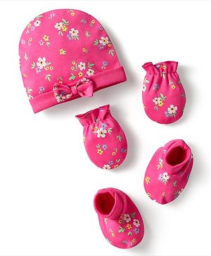 Babyhug 100% Cotton Interlock Knit Cap Mittens & Booties Set with Floral Print Dark Pink - Diameter 16 cm