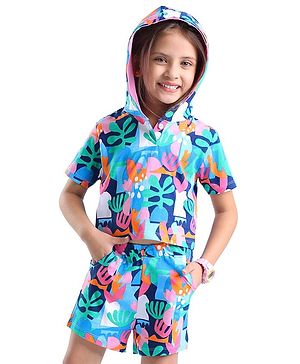 Babyhug Single Jersey Knit Half Sleeves Hooded T-Shirt & Shorts Set with Tropical Theme Print - Multicolor