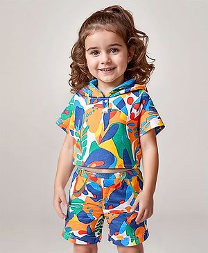 Babyhug Single Jersey Knit Half Sleeves Hooded T-Shirt & Shorts Set With Tropical Print - Yellow & Blue