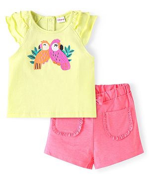 Babyhug Single Jersey Knit Sleeveless Top & Shorts Set With Parrot Print & Embroidery - Yellow & Pink
