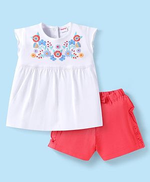 Babyhug Single Jersey Frill Sleeves Top & Short Set With Floral Print - Pink & White