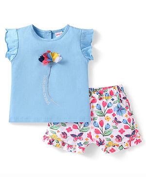 Babyhug Single Jersey Knit Frill Sleeves Top & Shorts Set With Floral Print & Applique - Light Blue & White