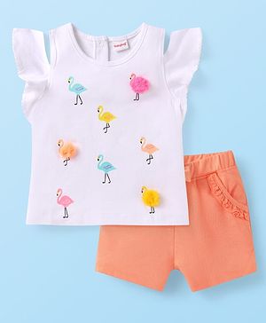 Babyhug Single Jersey Knit Half Cold Shoulder Sleeves Top & Shorts with Birds Applique - White & Peach