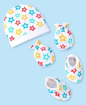 Babyhug 100% Cotton Knit Cap Mittens & Booties with Star Print - White