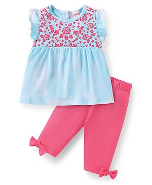 Babyhug Single Jersey Knit Frill Sleeves Floral Embroidered Top & Lounge Pant with Bow Applique - Blue & Pink