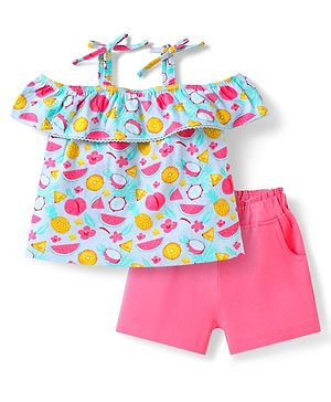 Babyhug Single Jersey Knit Cold Shoulder Sleeves Top & Shorts Set with Fruits & Floral Print - Dark Pink & Light Blue