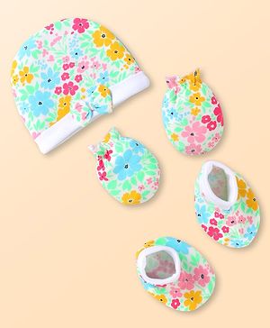 Babyhug 100% Cotton Knit Cap Mittens & Booties with Floral Print - Sky Blue
