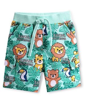 Babyhug Terry Knit Mid Thigh Shorts With Animal Print - Sea Green