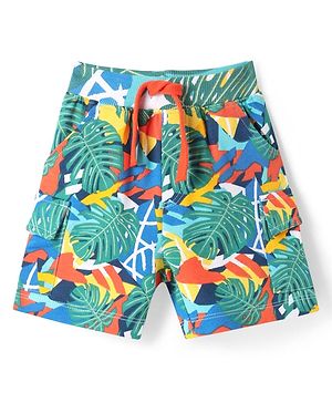 Babyhug Terry Knit Mid Thigh Shorts With Leaf Print - Sea Green