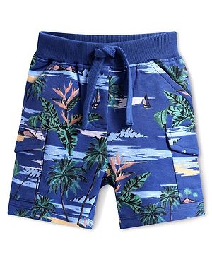 Babyhug Terry Knit Mid Thigh Shorts With Beach Print - Blue