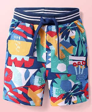 Babyhug Terry Knit Mid Thigh Shorts With Abstract Print - Navy Blue