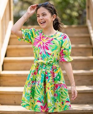 Pine Kids Rayon Woven Half Sleeves Dress With Floral Print - Light Green
