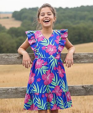 Pine Kids Rayon Woven Frill Sleeves Dress With Floral & Leaf Print - Blue