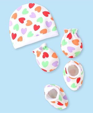 Babyhug 100% Cotton Knit Cap Mittens & Booties with Heart Print - White
