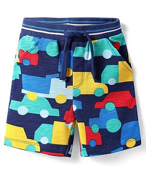Babyhug Terry Knit Mid Thigh Shorts With Car Print - Navy Blue