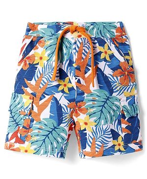 Babyhug Terry Knit Mid Thigh Shorts With Floral & Leaf Print - White