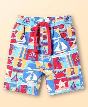 Babyhug Terry Knit Mid Thigh Shorts With Beach Theme Print - Light Blue