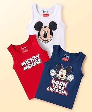 Babyhug Disney Interlock Knit Sleeveless Vests with Mickey Mouse Print Pack of 3 - Red White & Navy Blue
