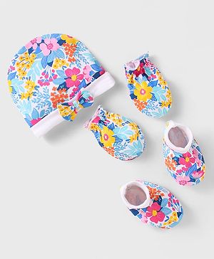 Babyhug 100% Cotton Cap Mittens And Booties Floral Print with Bow Applique Blue & Pink - Diameter 15