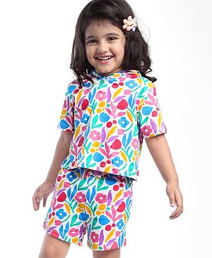 Babyhug Single Jersey Knit Half Sleeves Hooded T-Shirt & Shorts Set with Floral Print - White