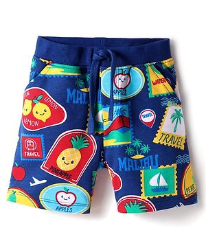 Babyhug Terry Knit Mid Thigh Shorts with Beach Theme Print - Navy Blue