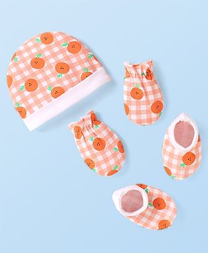 Babyhug 100% Cotton Knit Checkered Cap Mittens & Booties Set with Orange Print White - Diameter 10 cm