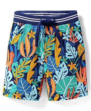 Babyhug Cotton Terry Knit Mid Thigh Shorts With Leaf Print - Navy Blue