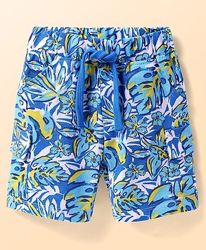 Babyhug Cotton Pique Knit Mid Thigh Shorts With Leaf Print - Blue