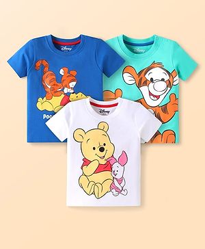 Babyhug Disney Single Jersey Knit Half Sleeves T-Shirts with Winnie & Friends Graphics Pack of 3 - Blue White & Aqua Blue